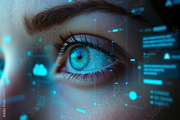Fototapeta  Human Eye Reflecting AR Holograms—Weather Info, Floating Notifications, and Facial Scan Grids Projected into View, AI-generated
