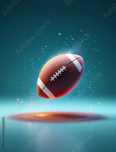 Fototapeta Glowing American football floating above reflective surface with sparkling particles around it, creating dynamic and energetic atmosphere