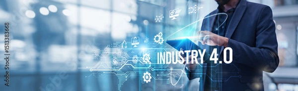 Fototapeta Businessman using tablet analyzing Industry 4.0 and smart manufacturing growth through IoT, AI, big data analytics, and automation driving efficiency, digital transformation in production processes.