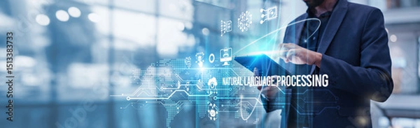Obraz Businessman using tablet analyzing Natural Language Processing (NLP) and machine learning growth for sentiment analysis, chatbots, text summarization, language translation, and speech recognition.
