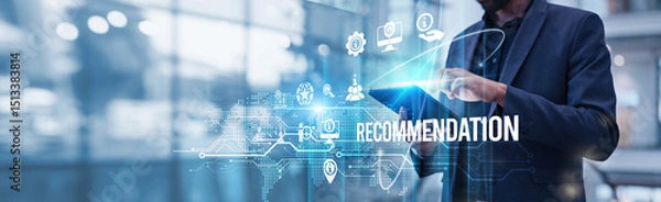Obraz Businessman using tablet analyzing recommendation and data-driven insights growth through AI-powered analytics, and strategic decision-making to enhance customer engagement and business performance.