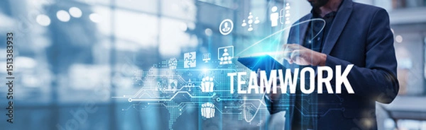 Fototapeta Businessman using tablet analyzing teamwork and cross-functional collaboration growth driving digital transformation, and enhancing productivity across departments for sustained business success.