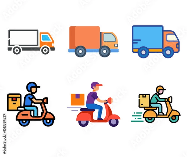 Fototapeta Delivery truck and scooter icons set isolated on transparent background