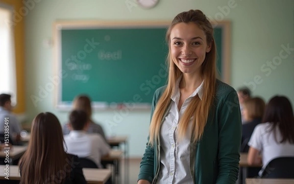 Obraz Portrait of happy high school teacher in the classroom looking at camera. High quality