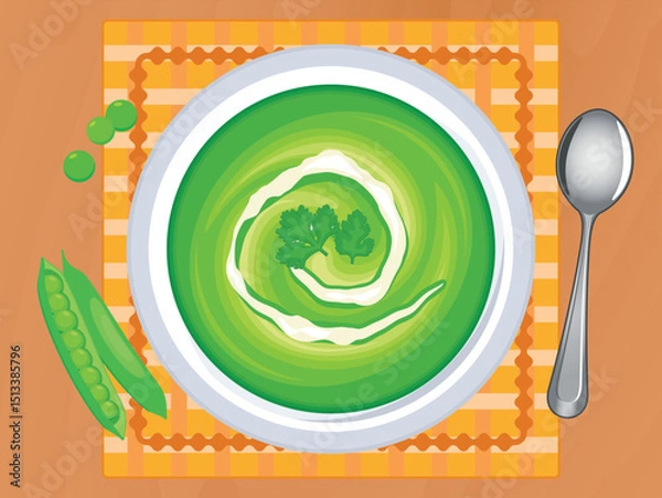 Fototapeta A plate of Split Pea soup top view vector illustration. Creamy green pea soup on a wooden table above view vector. Bowl of split pea soup on the table drawing