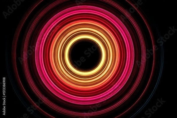 Obraz Abstract of concentric circles in neon shades overlapping to symbolize energy and expansion on a black background.