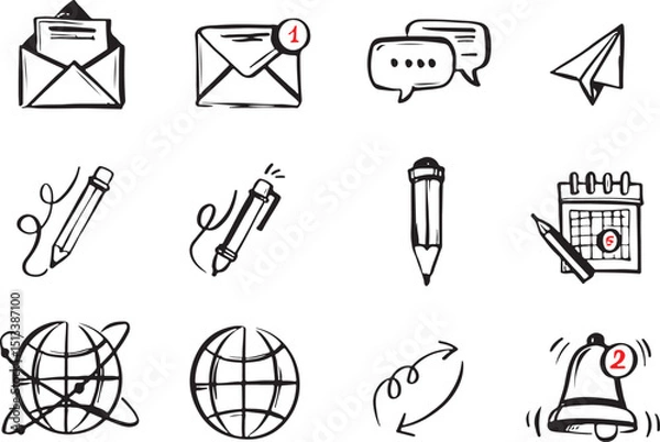 Obraz Hand-drawn icon set of message writing, sending, receiving, and preparation. Incoming message. Sent message. Social media application icons.