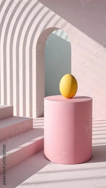 Fototapeta Minimal Abstract Yellow Sphere on Pink Cylinder in Soft Landscape