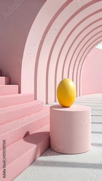 Fototapeta Minimal Abstract Yellow Sphere on Pink Cylinder in Soft Landscape