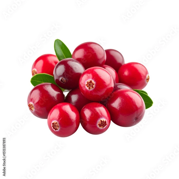 Fototapeta Fresh red cranberries with green leaves isolated food on transparent background