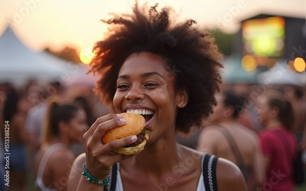 Obraz Happy black woman eating burger during open air music festival and looking at camera. High quality