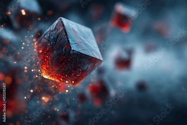 Obraz Floating polygon fragments scattering across a blurred background to represent disruption.