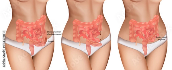 Obraz Colon Cancer Surgery Illustration – Tumor Removal and Bowel Reconnection. Medical Diagram of Colon Resection Procedure. Step-by-Step Colorectal Surgery with Tumor Excision and Anastomosis