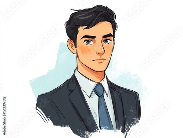 Fototapeta Illustration of a young man in a suit with a determined gaze. He is drawn in a cartoon-like style.
