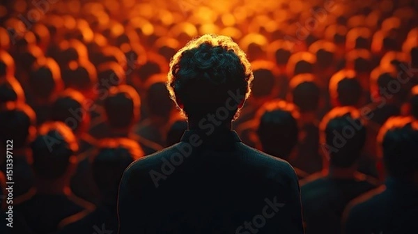 Fototapeta Man standing before a crowd in a warmly lit setting, ready to address the masses with a message.
