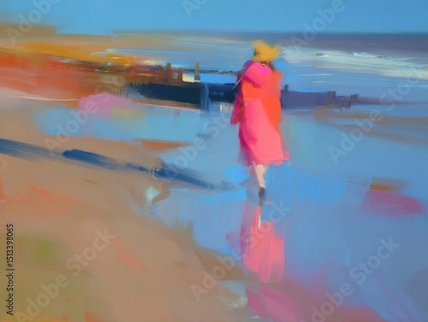 Fototapeta Impressionistic beach scene featuring a figure in pink walking along the shoreline reflecting on wet sand.