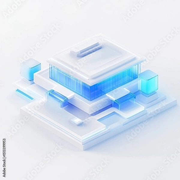 Fototapeta Abstract futuristic structure with layered platforms, glass accents, and illuminated details in a minimalist design.