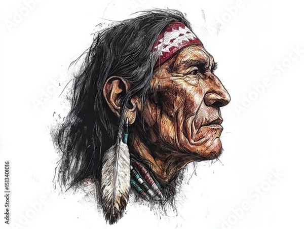 Fototapeta Portrait of a man with a headband and feather earring, rendered with pen and ink detailing the face.