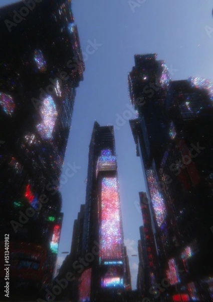 Fototapeta Glittering skyscrapers reach toward the clear blue sky, encapsulating the vibrant energy of a modern metropolis.