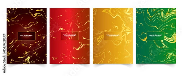 Fototapeta Modern red and gold cover, frame design set. Creative premium abstract with marble texture (crack) background. Luxury vector collection for invitation, brochure template, layout a4, luxe booklet