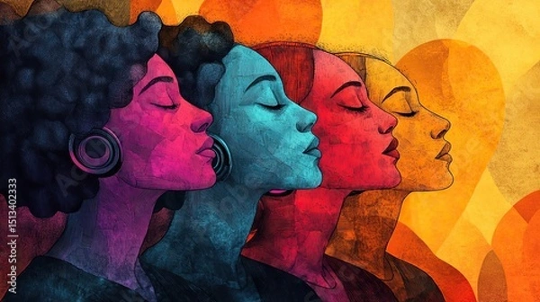 Fototapeta Four women of different ethnicities in profile, stylized with unique, vivid color palettes.