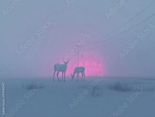Fototapeta Ethereal Encounter: Deer Grazing in Front of Illuminated House on a foggy day, pink glow, atmospheric.