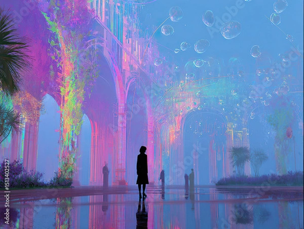 Fototapeta Figure in architectural space with iridescent vines and ethereal atmosphere with water reflection, dreamy light.