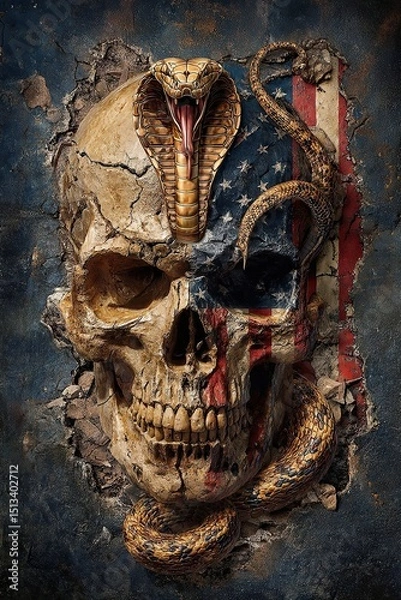 Fototapeta Skull with cobra snake and flag