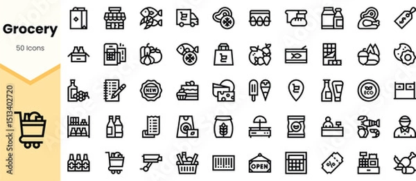 Fototapeta A collection of grocery icons, featuring various food items, shopping carts, and delivery symbols in a minimalist design, ideal for modern interfaces.