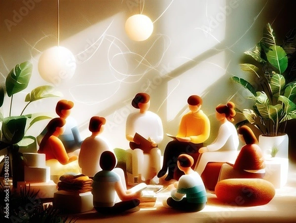 Fototapeta Group Discussion: Diverse people share ideas in a bright, plant-filled room, fostering connection and growth.