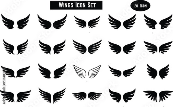Fototapeta Set of black and white wings vector icons with laurel wreath and floral design elements for logo and decoration purposes