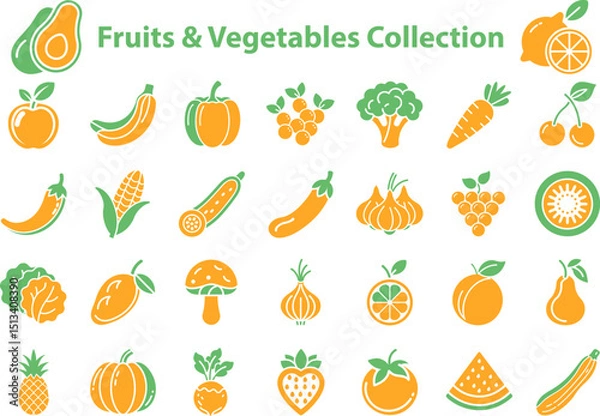 Fototapeta Stylized collection of fruits and vegetables including citrus, greens, and berries