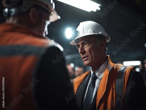 Fototapeta Serious manager in a hard hat consulting with a worker. Both wear safety gear and work in a mine.