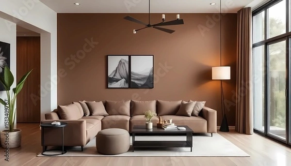 Fototapeta Modern interior design with Pantone 2025 Colour of the Year Mocha Mousse. Brown walls, accent colors of furniture and a well seasoned room.