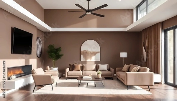 Fototapeta Modern interior design with Pantone 2025 Colour of the Year Mocha Mousse. Brown walls, accent colors of furniture and a well seasoned room.