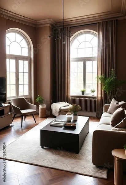 Fototapeta Modern interior design with Pantone 2025 Colour of the Year Mocha Mousse. Brown walls, accent colors of furniture and a well seasoned room.