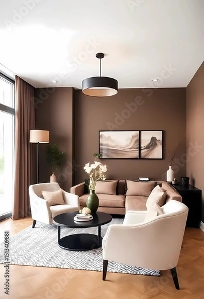 Fototapeta Modern interior design with Pantone 2025 Colour of the Year Mocha Mousse. Brown walls, accent colors of furniture and a well seasoned room.