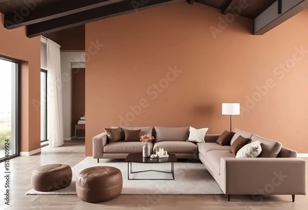 Fototapeta Modern interior design with Pantone 2025 Colour of the Year Mocha Mousse. Brown walls, accent colors of furniture and a well seasoned room.