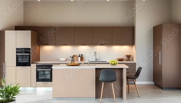 Fototapeta Modern color of the year 2025 Mocha Mousse, chocolate shades of Mocha Mousse. Brown walls, accent colors of furniture and a well-lit room. Elegant kitchen with large table and chairs 
