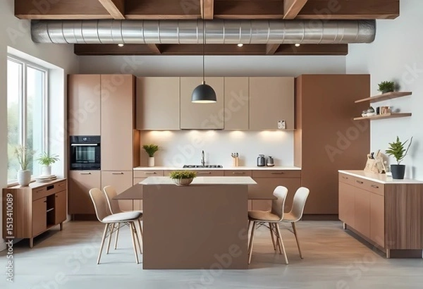 Fototapeta Modern color of the year 2025 Mocha Mousse, chocolate shades of Mocha Mousse. Brown walls, accent colors of furniture and a well-lit room. Elegant kitchen with large table and chairs 