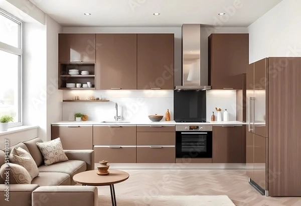 Fototapeta Modern color of the year 2025 Mocha Mousse, chocolate shades of Mocha Mousse. Brown walls, accent colors of furniture and a well-lit room. Elegant kitchen with large table and chairs 