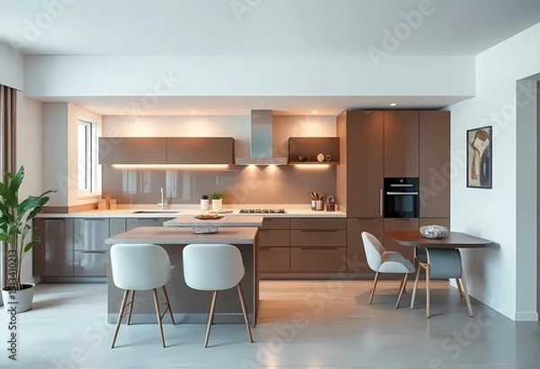 Fototapeta Modern color of the year 2025 Mocha Mousse, chocolate shades of Mocha Mousse. Brown walls, accent colors of furniture and a well-lit room. Elegant kitchen with large table and chairs 