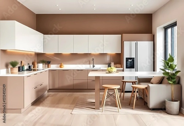 Fototapeta Modern color of the year 2025 Mocha Mousse, chocolate shades of Mocha Mousse. Brown walls, accent colors of furniture and a well-lit room. Elegant kitchen with large table and chairs 