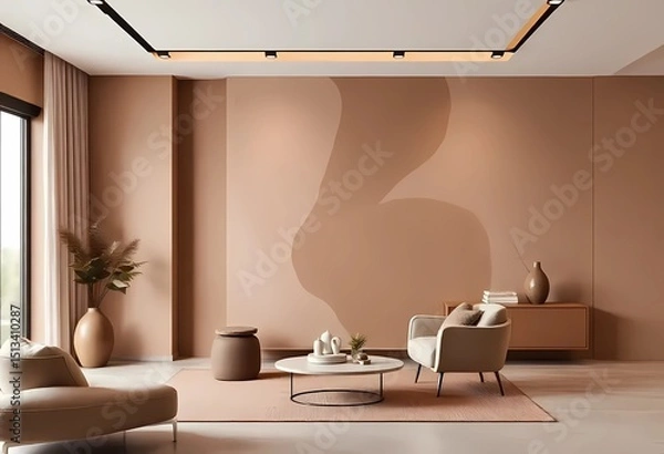 Fototapeta Modern interior design with Pantone 2025 Colour of the Year Mocha Mousse. Brown walls, accent colors of furniture and a well-lit room