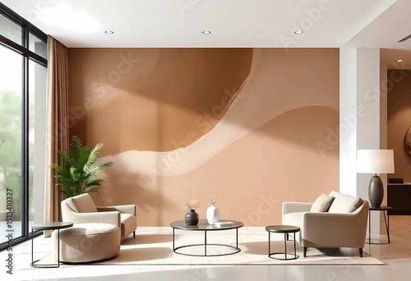 Fototapeta Modern interior design with Pantone 2025 Colour of the Year Mocha Mousse. Brown walls, accent colors of furniture and a well-lit room