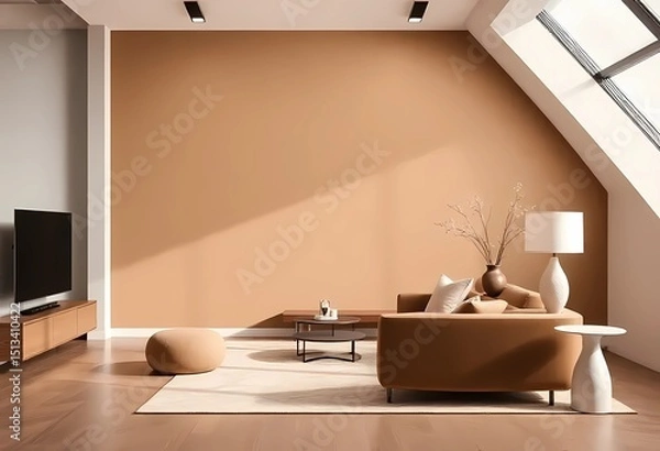 Fototapeta Modern interior design with Pantone 2025 Colour of the Year Mocha Mousse. Brown walls, accent colors of furniture and a well-lit room