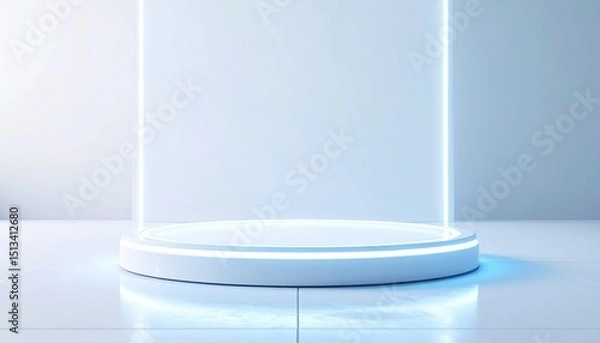 Fototapeta White Circular Platform with Bright Blue Neon Lights Abstract Digital Background