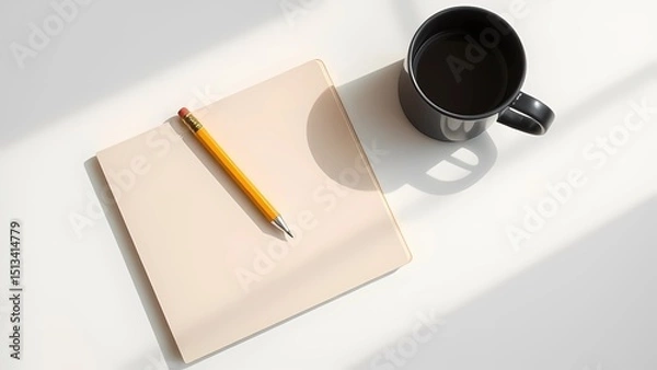 Fototapeta Minimal Workspace with Yellow Pencil, Notepad, and Coffee on White Desk