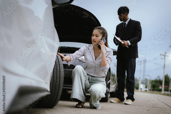 Fototapeta Asian woman talking on the phone asking for help in claiming insurance in case of an accident