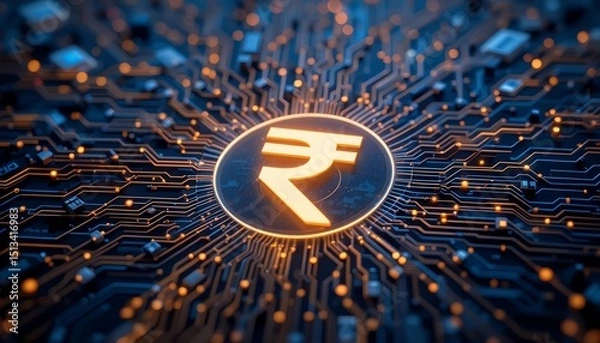 Obraz Rupee symbol embedded in a digital circuit board, representing the rise of fintech, digital payments, and online banking